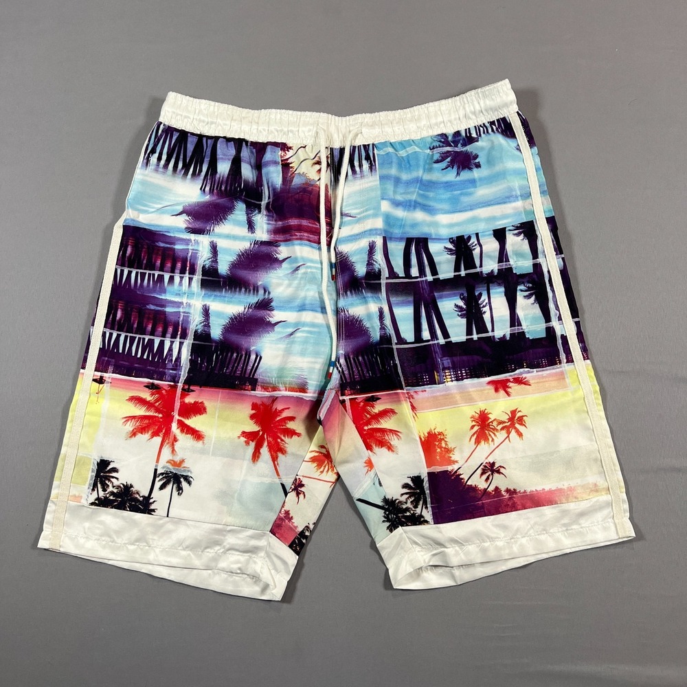 Coofandy Swim Trunks Men 34 Multicolor All Over Graphic Drawstring Waist Surfing